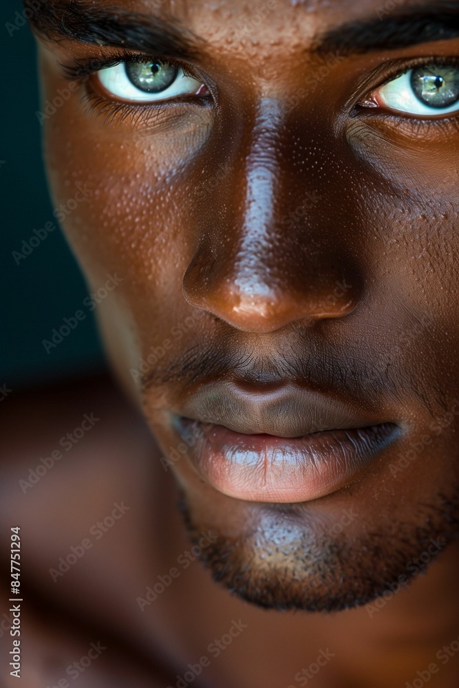 Obraz premium AI generated illustration of a close-up of a young man with blue eyes and wet skin