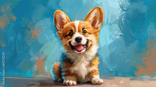 Adorable Smiling Cartoon Corgi Puppy on Vibrant Cyan Background