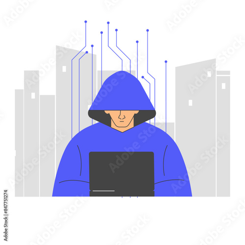 Hacker in a hoodie using a laptop with a cityscape in the background, highlighting the dangers of cybercrime, data breaches, and the importance of internet security and digital protection. Vector.