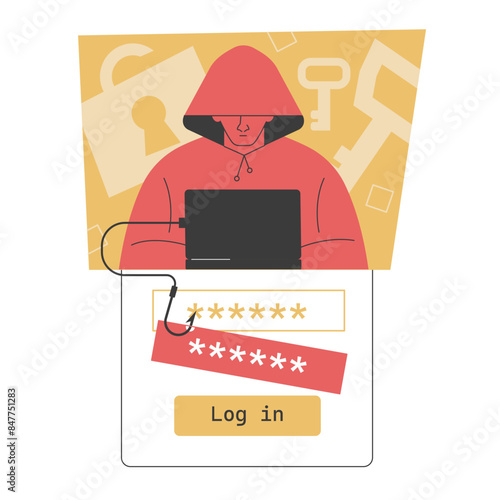 Vector illustration of a hacker conducting a phishing attack to steal passwords, highlighting the dangers of cybercrime, data breaches, and the importance of internet security and digital protection.