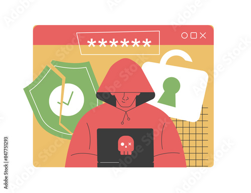 Illustration of a hacker in a hoodie using a laptop with security icons, highlighting the dangers of cybercrime, data breaches, and the importance of internet security and digital protection.