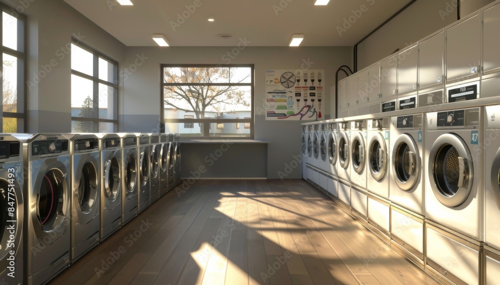 Modern laundromat interior featuring rows of washing machines. Bright self-service laundry facility Modern laundromat interior featuring rows of washing machines. Bright self-service laundry facility