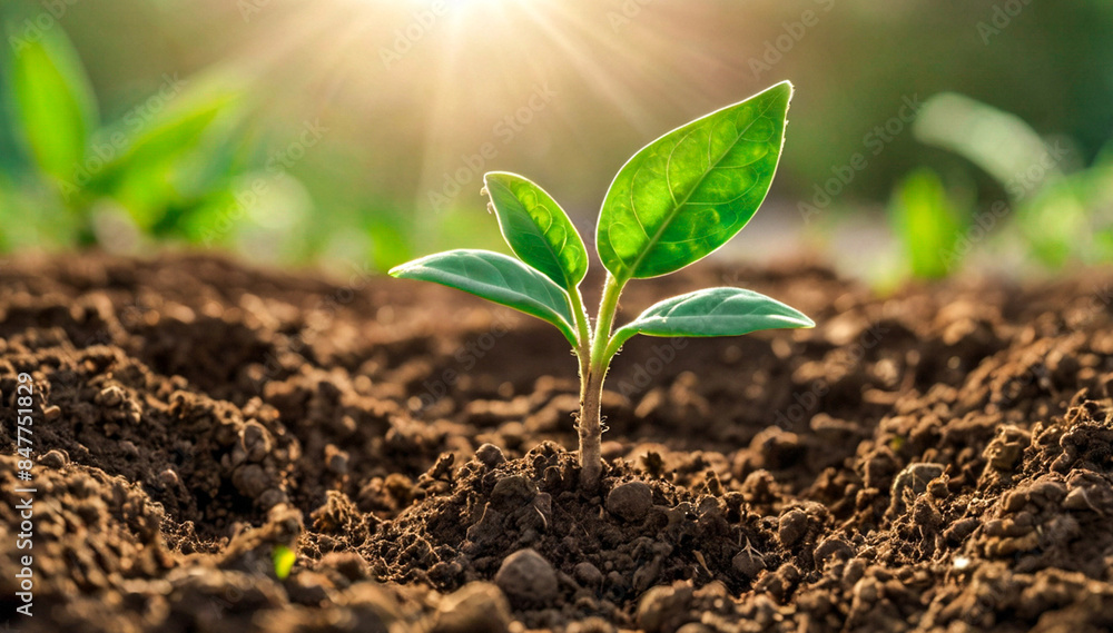 Fototapeta premium A young seedling sprouts from fertile soil, bathed in warm sunlight.symbolizing new life and growth in harmony with nature. Ideal for ecology, sustainability, and environmental awareness themes.