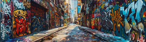 Urban alleyway covered in vibrant, colorful graffiti art with bright blue sky. Street art forms a creative and lively urban scene.