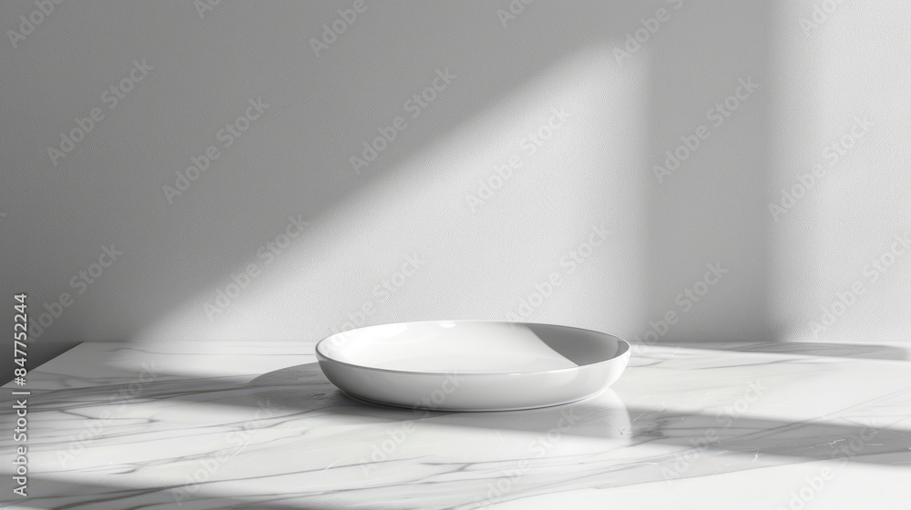 Minimalist white ceramic plate on a light white marble table Minimalist white ceramic plate on a light white marble table
