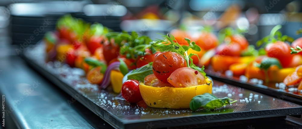 Elegantly Crafted Haute Cuisine Presentation on Black Podium in Professional Kitchen Setting Elegantly Crafted Haute Cuisine Presentation on Black Podium in Professional Kitchen Setting
