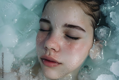 Portrait of a young woman enjoying a cold ice bath