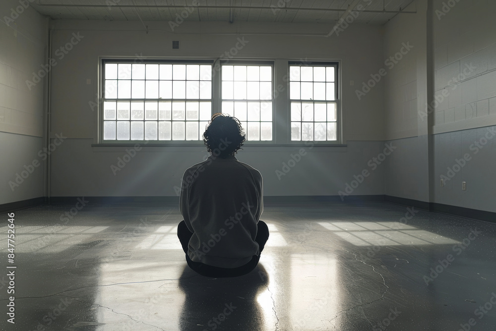 A solitary individual sits backlit in an empty room, with large, industrial windows casting soft light.