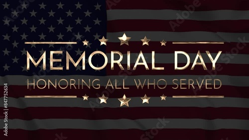 Happy Memorial Day golden text with reveal blur animation on United States flag background. Perfect for celebrating US Memorial Day.