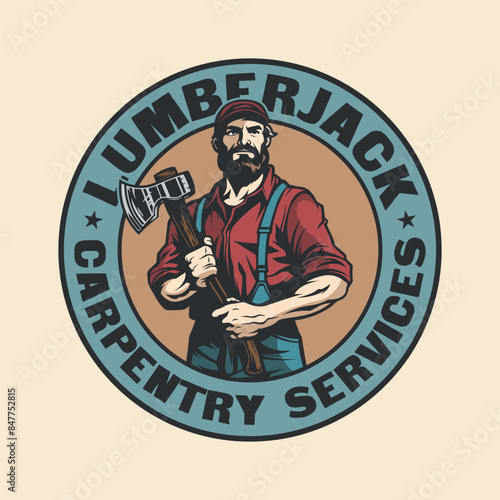 Lumberjack carpentry man with wooden axe Vintage badge logo