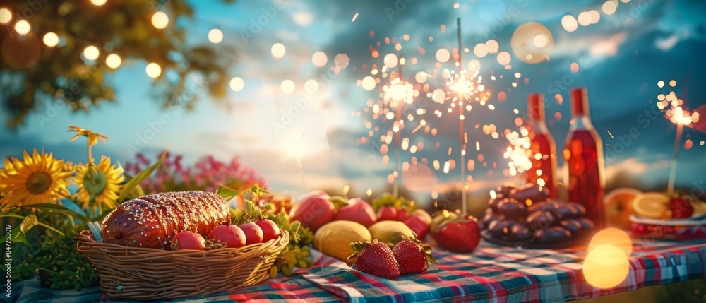 Naklejka premium American Dream BBQ Celebration Festive Picnic with Sparklers and 3D Abstract Shapes