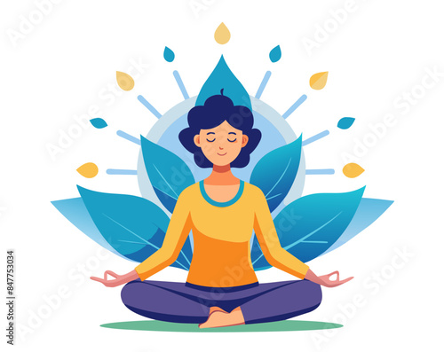 A flat design illustration of a person meditating in a lotus pose, with radiating lines depicting inner peace. Generative AI.
