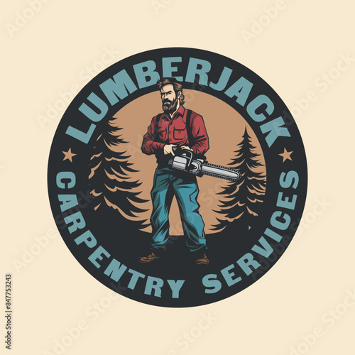 Lumberjack carpentry man with wooden axe Vintage badge logo