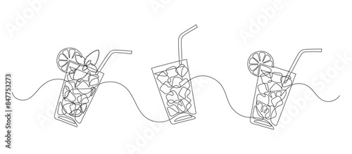 Glasses of lemonade, mojito, or cocktail and water. Continuous line drawing. Border frame.