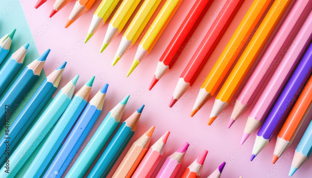 A variety of colorful pencils are neatly arranged on a pink table, creating a vibrant display A variety of colorful pencils are neatly arranged on a pink table, creating a vibrant display