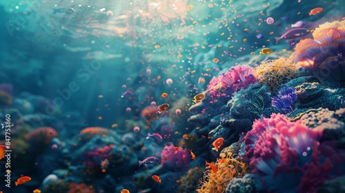 Vibrant underwater scene showcasing colorful corals and fish in a sunlit ocean, bringing marine life beauty and tranquility to view. © Parintron