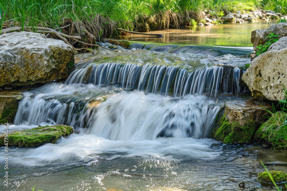 Tranquil waterfall in a river, surrounded by rocks and greenery in a pristine natural setting Tranquil waterfall in a river, surrounded by rocks and greenery in a pristine natural setting