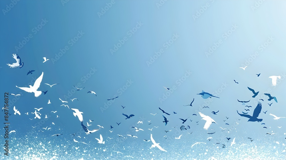 Fototapeta premium A flock of various bird species silhouetted in flight against a serene,minimalist blue gradient sky backdrop,providing ample negative space for copy or text overlay.