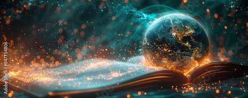 A scifi themed book with a glowing globe and light particles, symbolizing the digital transformation of global learning