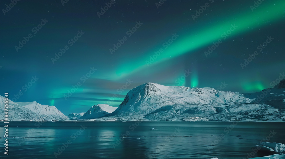Fototapeta premium Stunning northern lights over snowy mountains and calm ocean