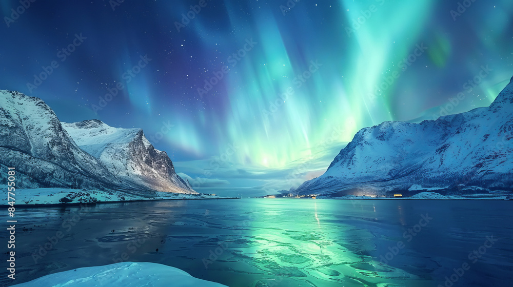 Aurora Borealis over snowy mountains and frozen sea at night Aurora Borealis over snowy mountains and frozen sea at night