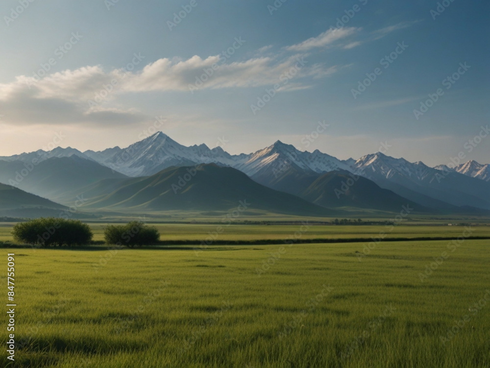 Obraz premium Beautiful landscape green grasslands and distant mountains in the background, tea garden landscape,
