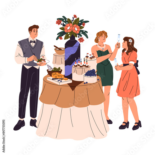 People are on celebration of festive event. Colleagues stand near table with food, drink champagne, communicate. Buffet reception, banquet is on party. Flat isolated vector illustration on white