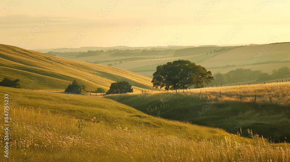 Naklejka premium Beautiful summer evening landscape at South Downs National Park