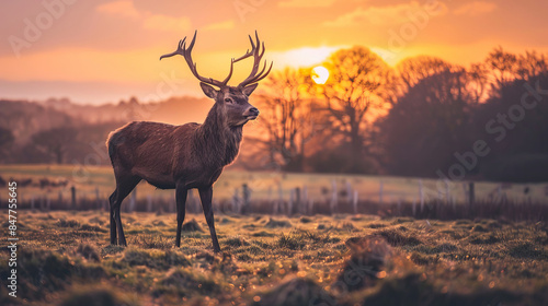 Majestic red deer stag at sunrise in the British countryside © standret