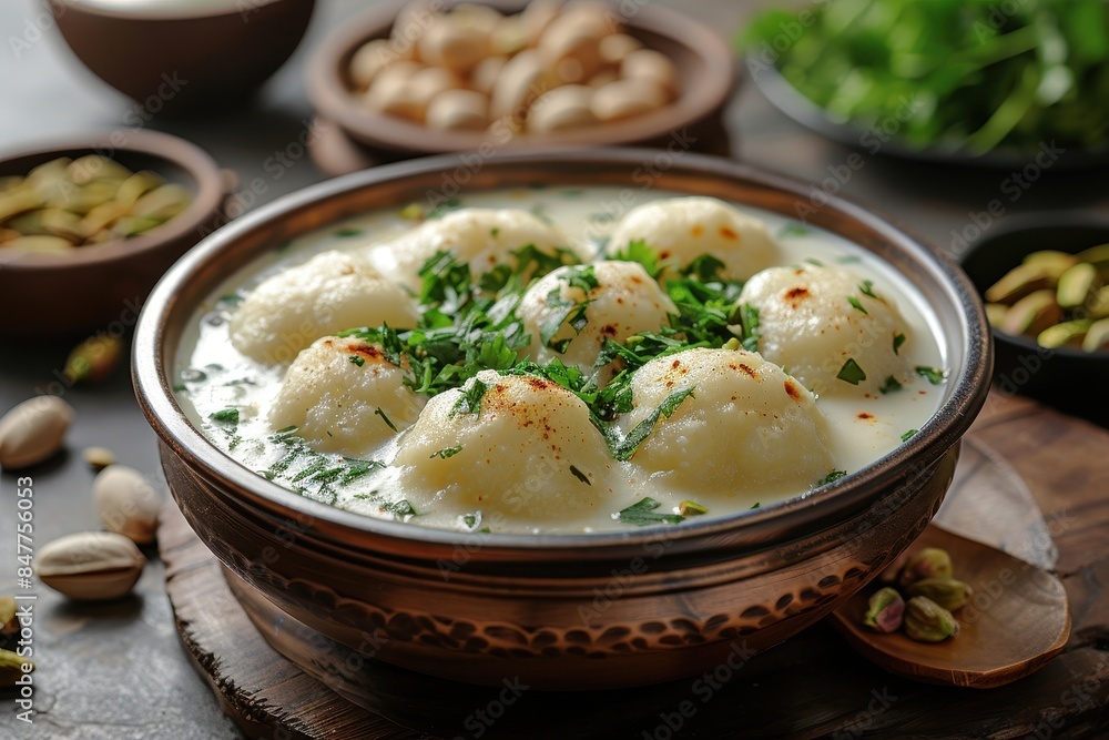 Bangladesh: Rasmalai Soft cheese dumplings soaked in sweetened, thickened milk flavored with cardamom and garnished with pistachios. Bangladesh: Rasmalai Soft cheese dumplings soaked in sweetened, thickened milk flavored with cardamom and garnished with pistachios.