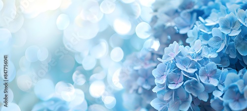Light blue blooming hydrangea on a blurred background. Banner with space for your text.
