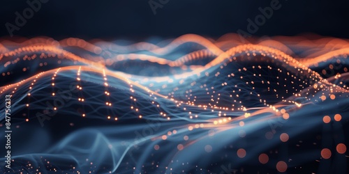 A modern tech design with flowing wave patterns of glowing dots, set against a dark background