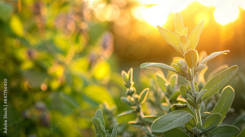 Sage plant growing in outdoor garden during golden sunset Sage plant growing in outdoor garden during golden sunset