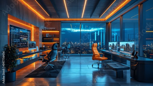 High-tech corporate remote workspace, multiple screens, high-end ergonomic chair, and sleek modern decor