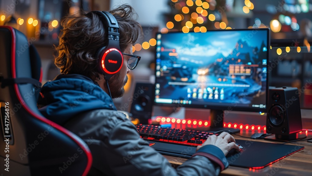 Remote worker balancing work and play, laptop on a gaming desk, dual-purpose setup with professional and gaming equipment Remote worker balancing work and play, laptop on a gaming desk, dual-purpose setup with professional and gaming equipment