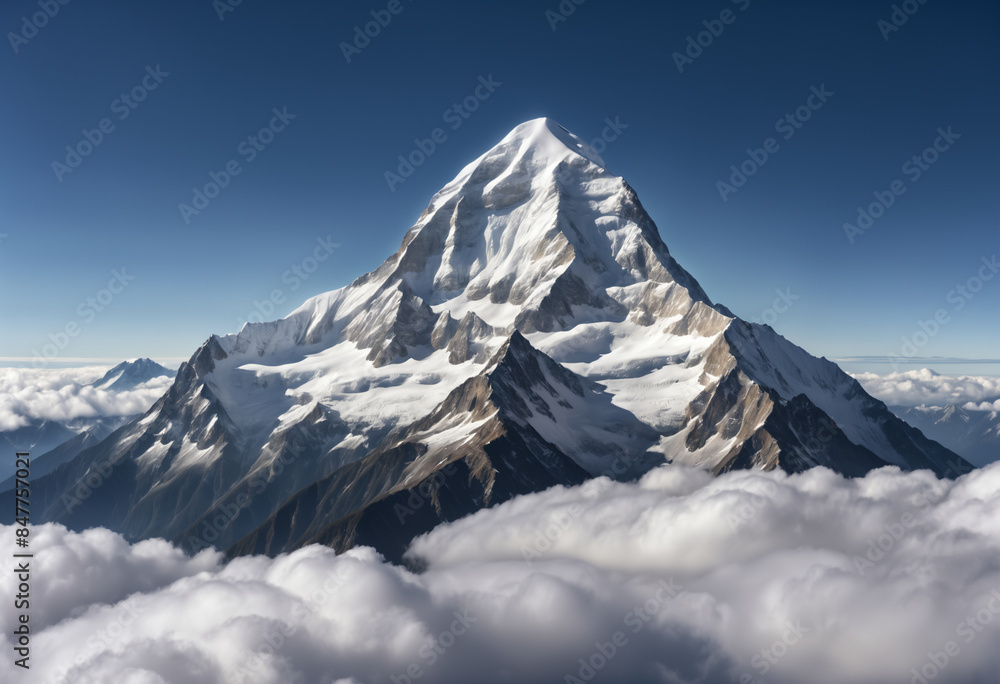 Obraz premium Snowy mountain peak towering above the clouds. Generative AI