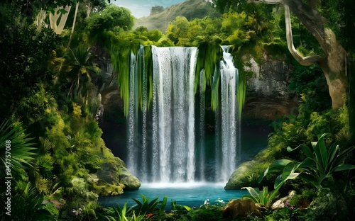"Marvel at the majestic waterfall flowing freely in the expansive tropical jungle."