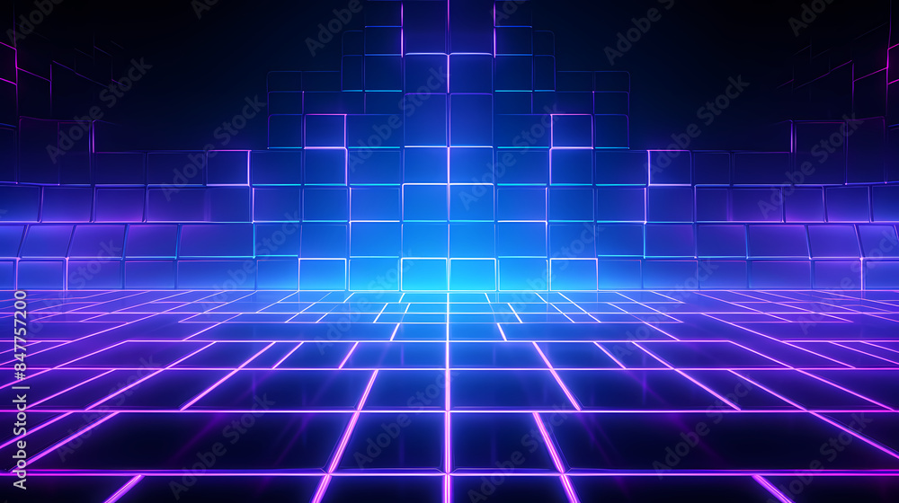 Abstract neon grid background with blue and purple squares Abstract neon grid background with blue and purple squares