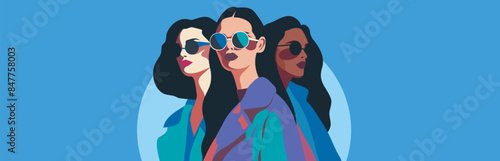 Beautiful with glasses, strong feminist women together, women of different cultures and nationalities stand side by side together. concept of movement for gender equality and women's empowerment