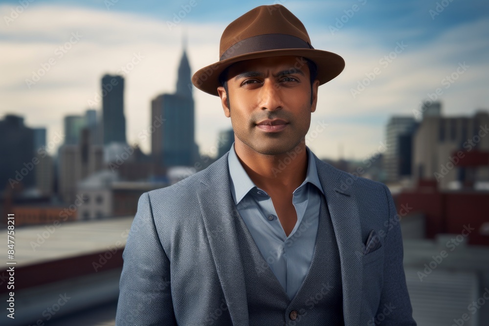 Portrait of a happy indian man in his 30s donning a classic fedora in modern cityscape background Portrait of a happy indian man in his 30s donning a classic fedora in modern cityscape background