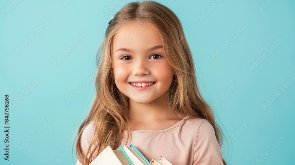 Smiling Young Girl Holding Books Against Blue Background. Smiling Young Girl Holding Books Against Blue Background.