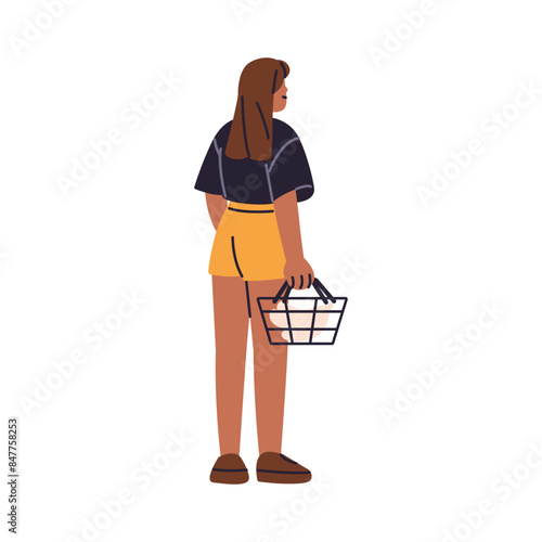 Young woman stands and holds grocery basket with foodstuffs back view. Customer buys goods in supermarket. Buyer chooses, carries food in shop. Flat isolated vector illustration on white background