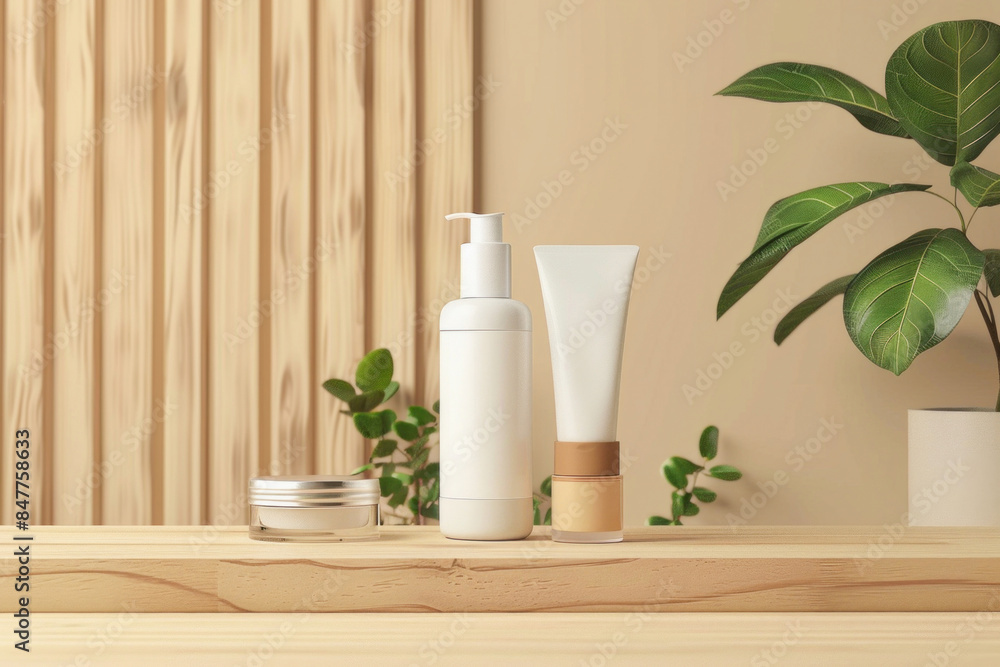A wooden shelf with three cosmetic bottles and a decorative plant adds to the interior design A wooden shelf with three cosmetic bottles and a decorative plant adds to the interior design