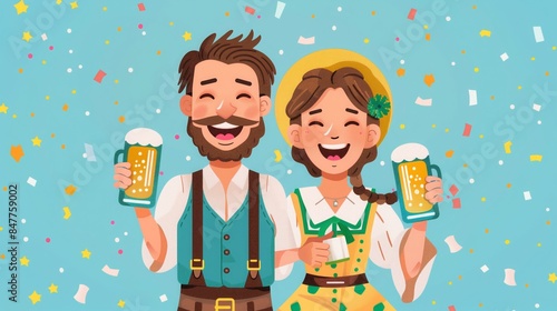 Two people in Bavarian clothing raise their beers in celebration photo