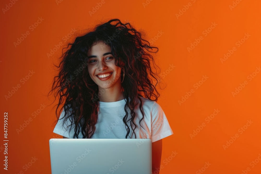 Young student enjoying student life with laptop in neon light. Young student enjoying student life with laptop in neon light.