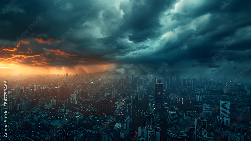 Fototapeta premium Bizarre dark storm clouds over cityscape