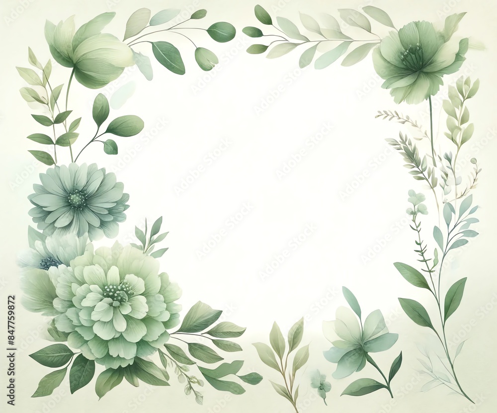 An image with a soft, light watercolor background, featuring different Russian green flowers framing the edges An image with a soft, light watercolor background, featuring different Russian green flowers framing the edges