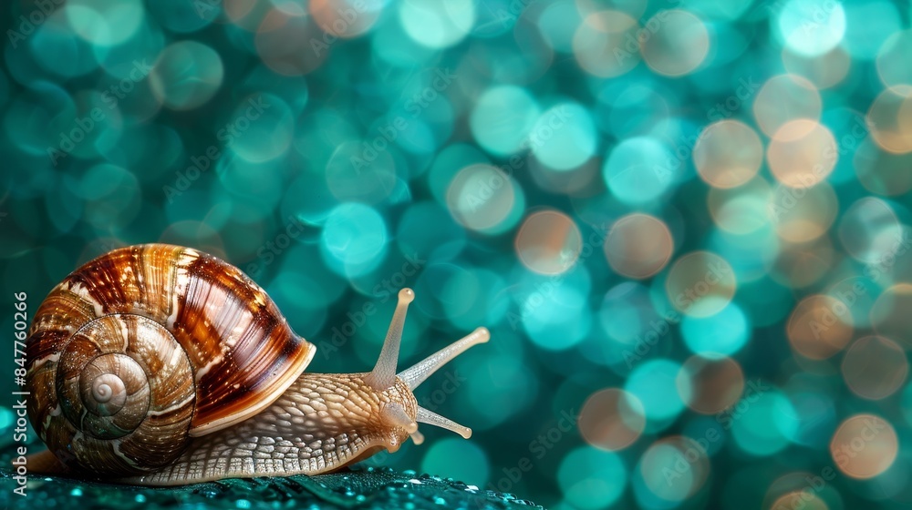 Detailed close up of a snail on a vivid green bokeh background for impactful visual appeal, pest animal concept, wide banner, empty space Detailed close up of a snail on a vivid green bokeh background for impactful visual appeal, pest animal concept, wide banner, empty space