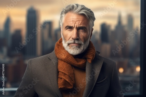 Portrait of a glad man in his 50s dressed in a warm wool sweater isolated on modern cityscape background