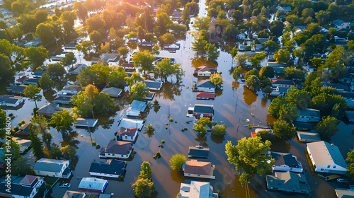 Aerial view of flooded house with dirty water all around it. photo